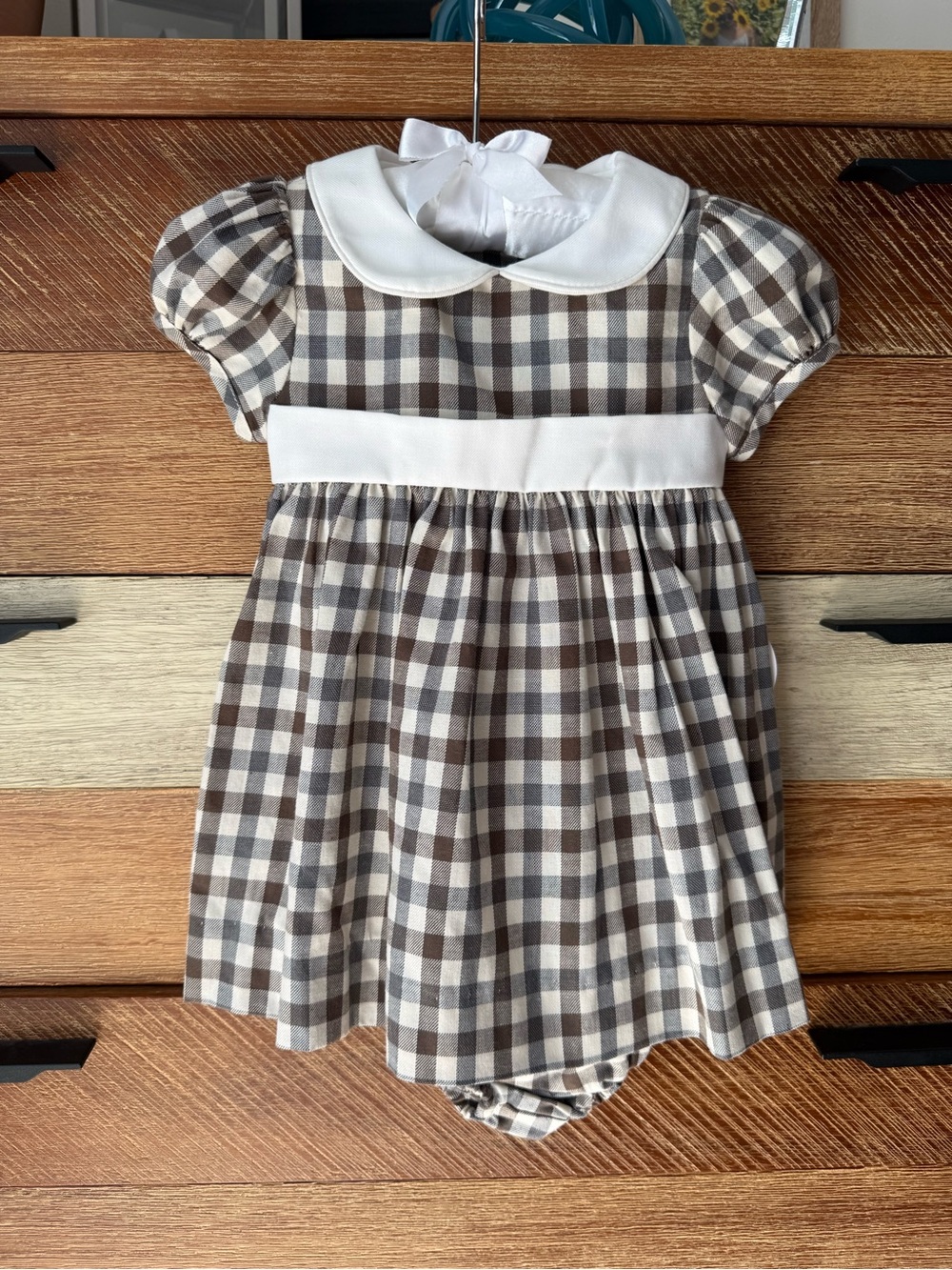 Edgehill Collection Brown & White Gingham Collar Dress with bloomers size 3m